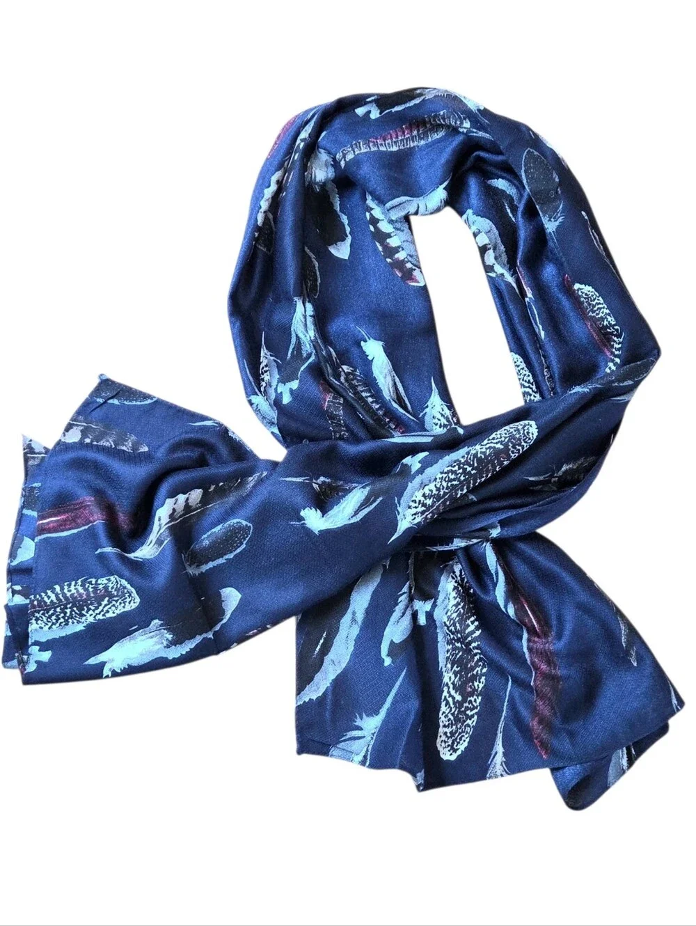 Joy Susan Feather Print Scarf Navy Blue 70 x 27